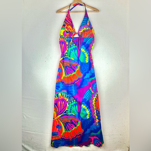 Dresses & Skirts - Vintage Psychedelic Butterfly Print Halter Maxi Dress 60-70's Hawaiian
